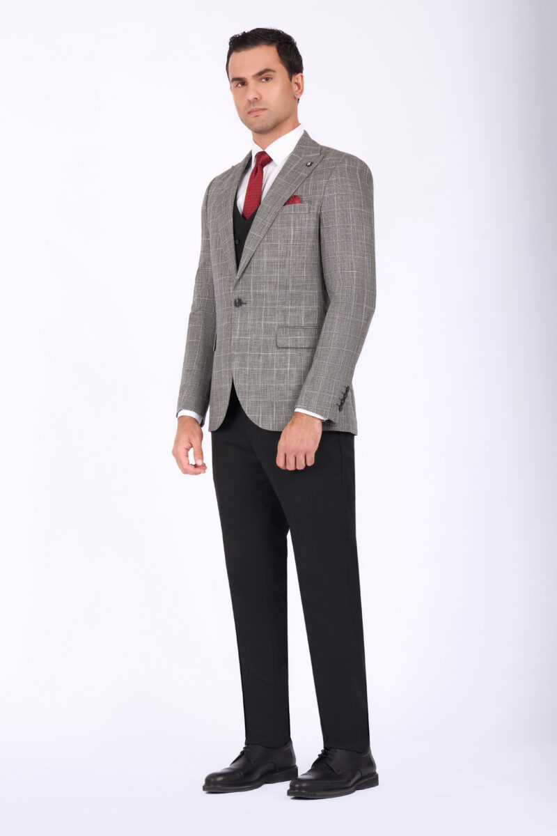 Slim Fit Checked Suit with Peak Lapel & Double-Breasted Vest