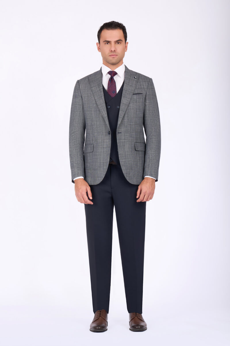 Slim Fit Checked Suit with Peak Lapel & Double-Breasted Vest