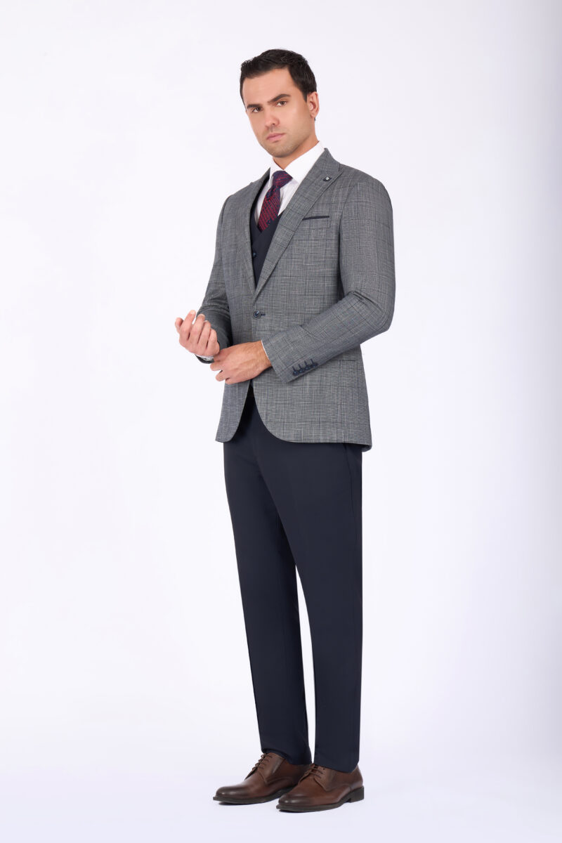 Slim Fit Checked Suit with Peak Lapel & Double-Breasted Vest