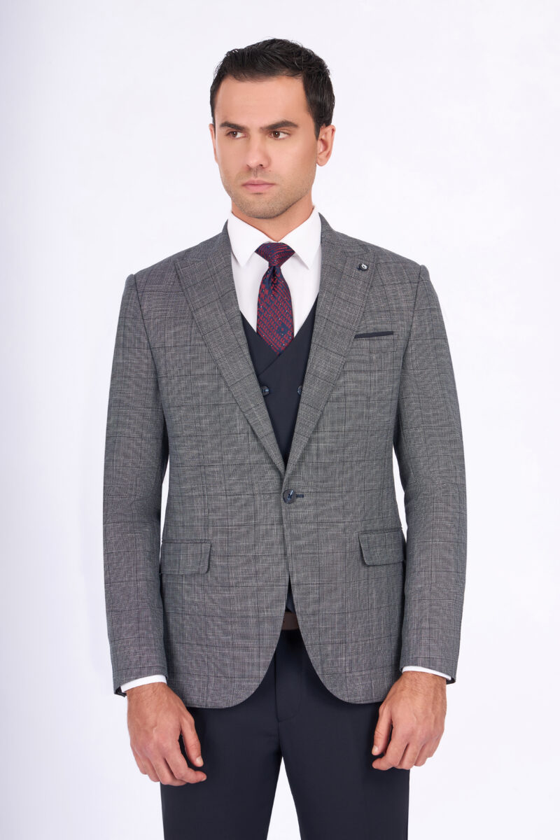 Slim Fit Checked Suit with Peak Lapel & Double-Breasted Vest